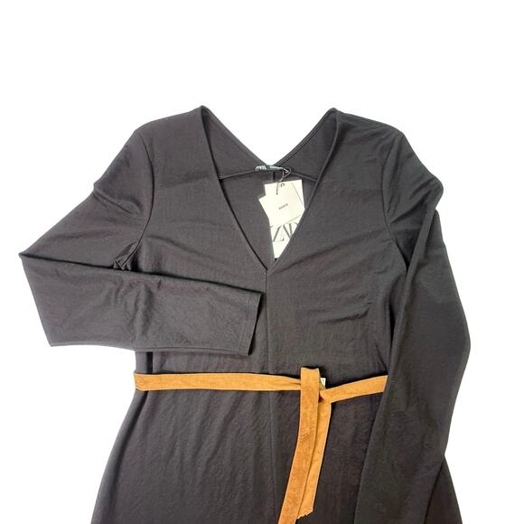 ZARA Black Long Sleeve Midi Dress with Camel Suede Belt NWT Size Small - Picture 5 of 12